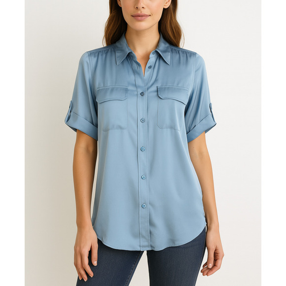 Equipment Tops - Equipment Femme Satin Shortsleeve Button Shirt Blue Preppy Office Old Money Chic